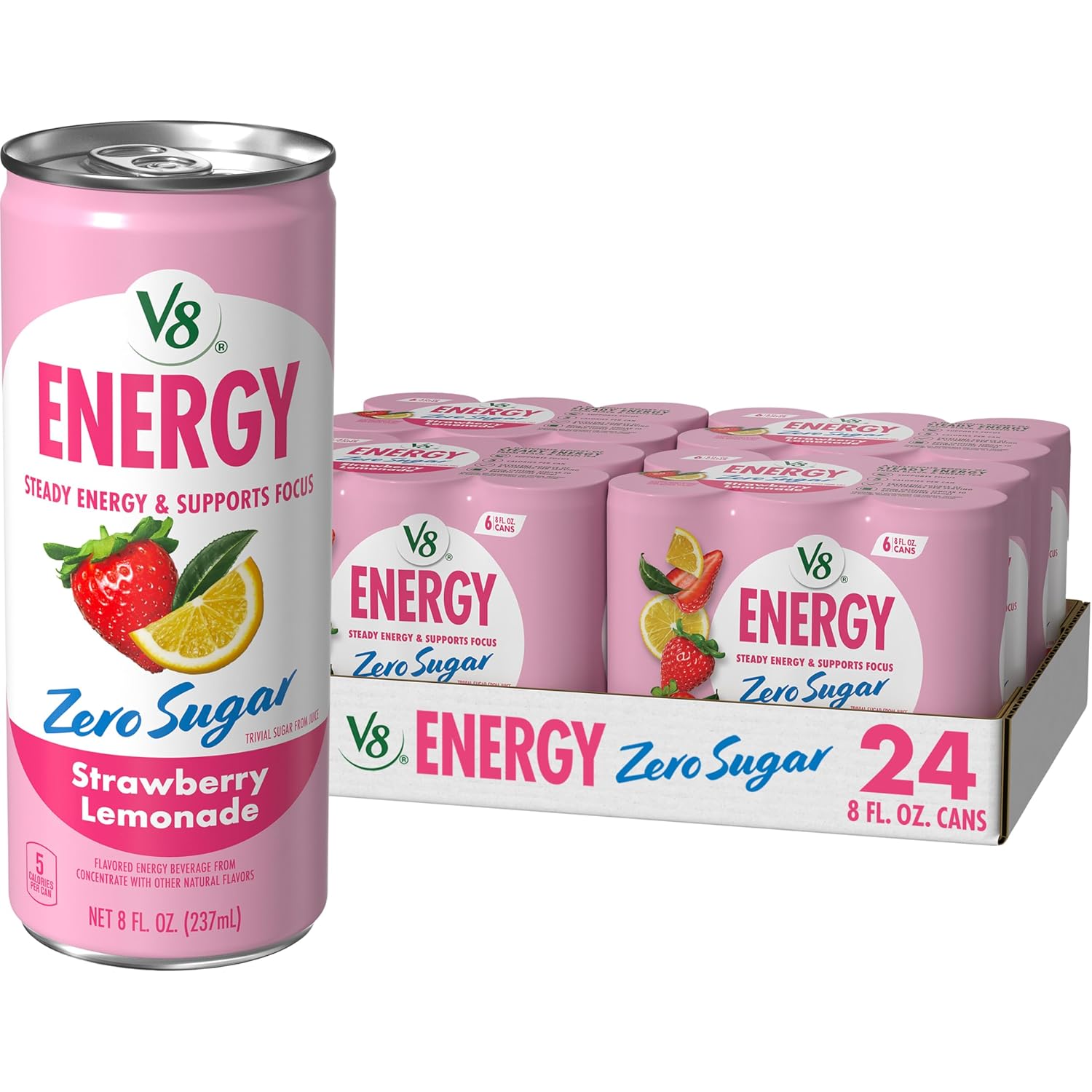 V8 Energy Zero Sugar Strawberry Lemonade, 8 fl. oz. Can (24 Pack) - Image 2