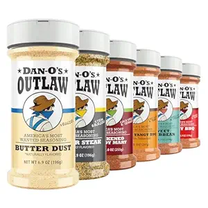Dan-O's Outlaw Seasoning 6 Bottle Set- Butter Dust, Butter Steak, Spicy BBQ, Sweet Caribbean, Sweet & Tangy BBQ, and Blackened Bloody Mary Seasoning