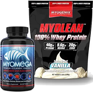 Myogenix Myomega Omega-3 Softgels & Myolean Vanilla Whey Protein – Heart & Muscle Performance Bundle – Omega-3s with 40g Protein to Support Growth, Recovery & Energy