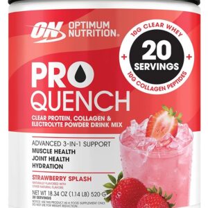 Optimum Nutrition Pro Quench, 10g Clear Protein, 10g Collagen peptides & Electrolyte Powder Drink Mix, Strawberry, 20 Servings, 520 Grams (Packaging May Vary)
