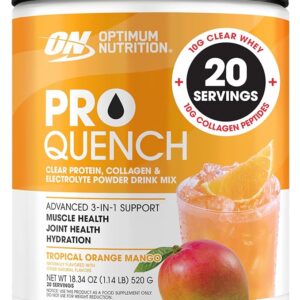 Optimum Nutrition Pro Quench, 10g Clear Protein, 10g Collagen peptides & Electrolyte Powder Drink Mix, Tropical Orange Mango, 20 Servings, 520 Grams (Packaging May Vary)