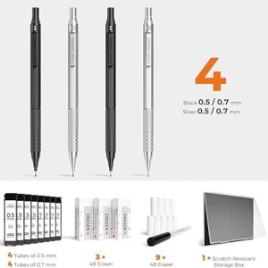 Four Candies 4PCS Metal Mechanical Pencils Set with Case, 0.5mm & 0.7 mm Artist Pencil with 8 Tubes (480PCS) HB Lead Refills, 3 Erasers,9 Eraser Refills For Writing Drafting, Drawing, Black&Silver