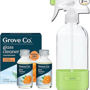 Grove Co. Glass Cleaner, Refill Concentrate (2 x 1 Fl Oz) + 1 x Reusable Glass Spray Bottle (16 Oz) Plant-Based Cleaning Supplies Bundle, No Plastic Waste, 100% Natural Orange & Rosemary Fragrance