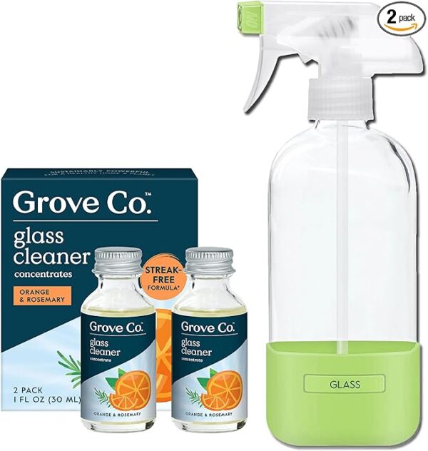 Grove Co. Glass Cleaner, Refill Concentrate (2 x 1 Fl Oz) + 1 x Reusable Glass Spray Bottle (16 Oz) Plant-Based Cleaning Supplies Bundle, No Plastic Waste, 100% Natural Orange & Rosemary Fragrance
