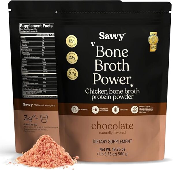 Bone Broth Power Chocolate Protein Powder, 23g Protein, 12g Collagen & Glutamine, Muscle, Joint, Digestive & Skin Health, Keto, Dairy Free, Award-Winning Bone Broth, 560g (16 Servings)