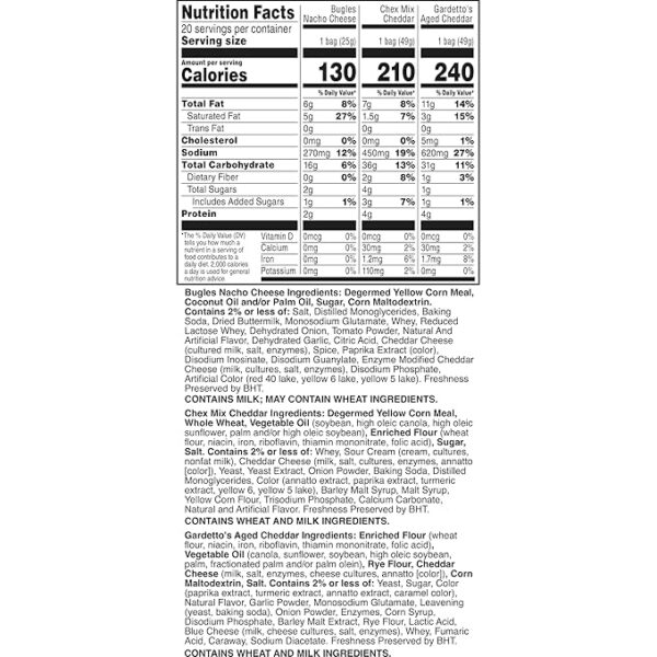 Cheesy Mix Variety Pack Snacks, Chex Mix Cheddar, Bugles Nacho Cheese, Gardetto's Aged Cheddar, 20 Ct, 28.875 oz - Image 2