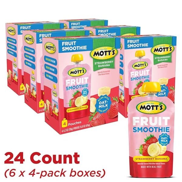 Mott’s Fruit Smoothies Strawberry Banana, 4.2 oz Clear Pouches, 24 Count (6 Packs of 4), Non-dairy, Made With Oatmilk, Made With Real Fruit, Good Source of Calcium, On-the-Go - Image 3