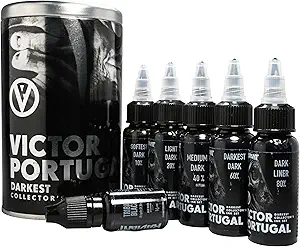Radiant Colors Victor Portugal Tattoo Ink Set Darkest 5 Tone Black and Grey Shading Ink Professional Grade Vegan Friendly Smooth Blend Made in USA 1oz Bottles
