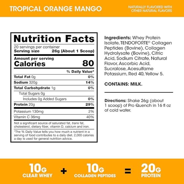 Optimum Nutrition Pro Quench, 10g Clear Protein, 10g Collagen peptides & Electrolyte Powder Drink Mix, Tropical Orange Mango, 20 Servings, 520 Grams (Packaging May Vary) - Image 2