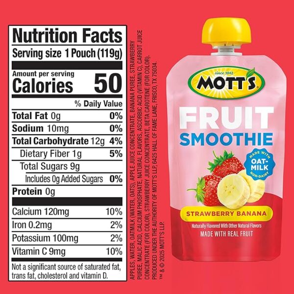 Mott’s Fruit Smoothies Strawberry Banana, 4.2 oz Clear Pouches, 24 Count (6 Packs of 4), Non-dairy, Made With Oatmilk, Made With Real Fruit, Good Source of Calcium, On-the-Go - Image 2