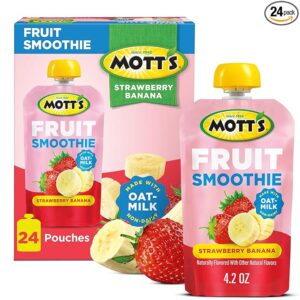 Mott’s Fruit Smoothies Strawberry Banana, 4.2 oz Clear Pouches, 24 Count (6 Packs of 4), Non-dairy, Made With Oatmilk, Made With Real Fruit, Good Source of Calcium, On-the-Go