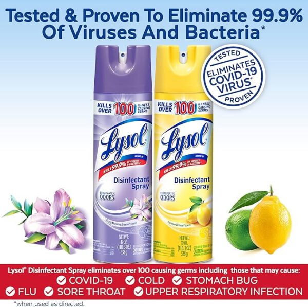 Lysol Disinfectant Spray Bundle, Sanitizing And Antibacterial Spray, For Disinfecting And Deodorizing, contains x2 Lemon and Early Morning Breeze, 19 Fl Oz, Packaging May Vary - Image 3